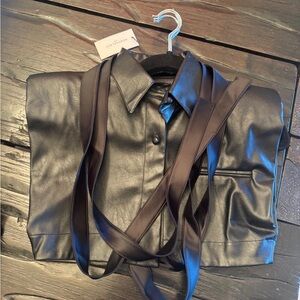 NONCHALANT Cinda crop top Black Faux Leather Shirt with Tie Belt size S